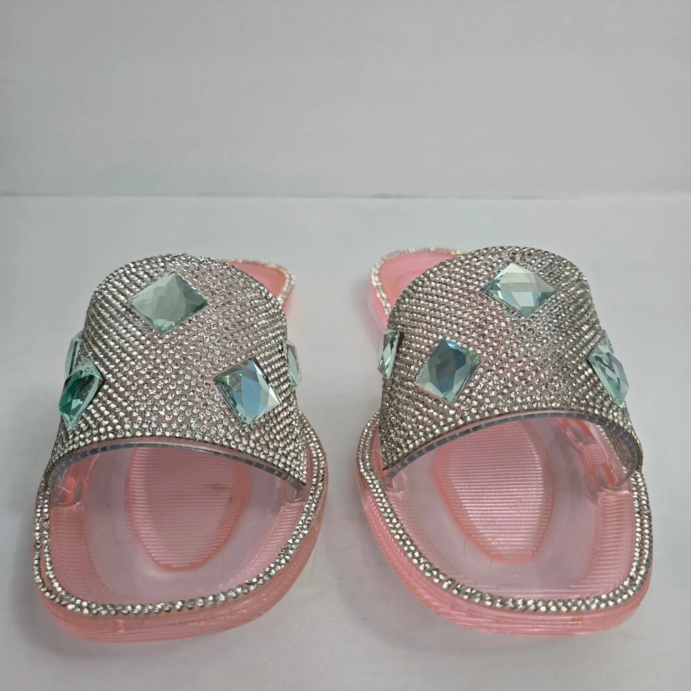 Lauren Lorraine Bianca Rhinestone Crystal Pink Jelly‎ Slide Sandals Size 5.5 NIB